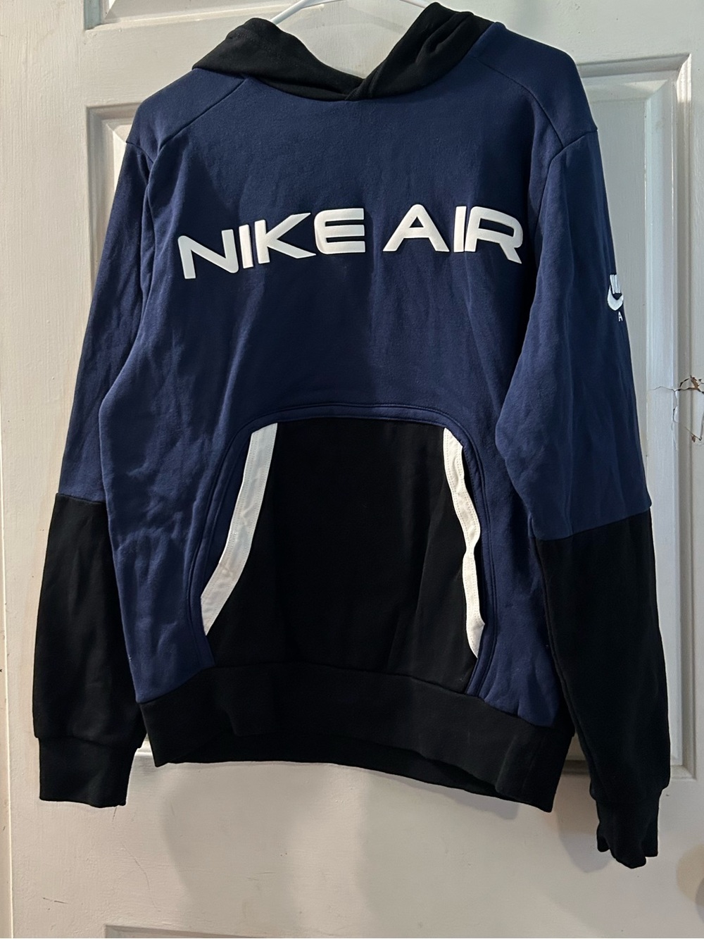 Nike Air Men's Navy and Black Crewneck Hoodie with White Logo